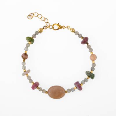 Labradorit-Renkli Turmalin-Güneş Taşı-Pembe Opal Doğal Taş Bileklik - Osmanlı Doğaltaş