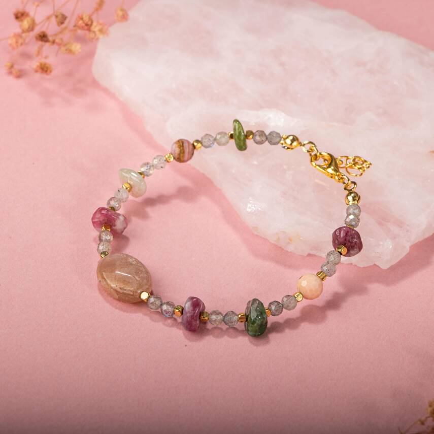 Labradorit-Renkli Turmalin-Güneş Taşı-Pembe Opal Doğal Taş Bileklik - 2