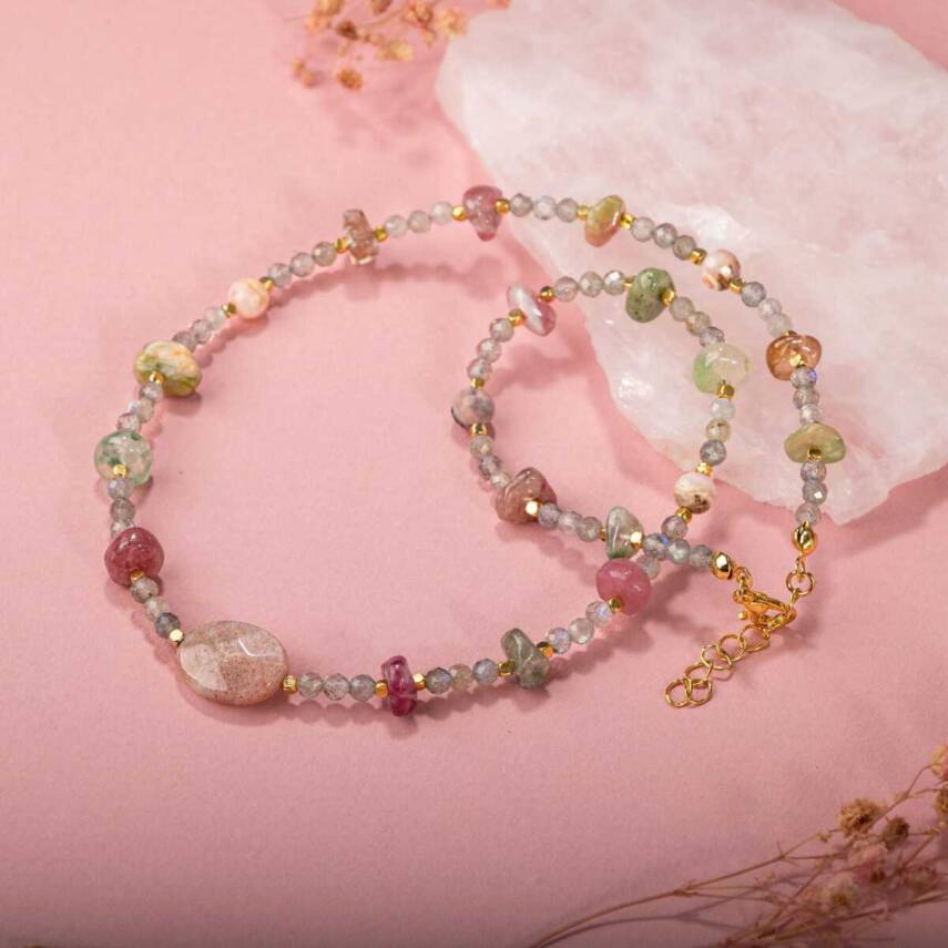 Labradorit-Renkli Turmalin-Güneş Taşı-Pembe Opal Doğal Taş Kolye - 3