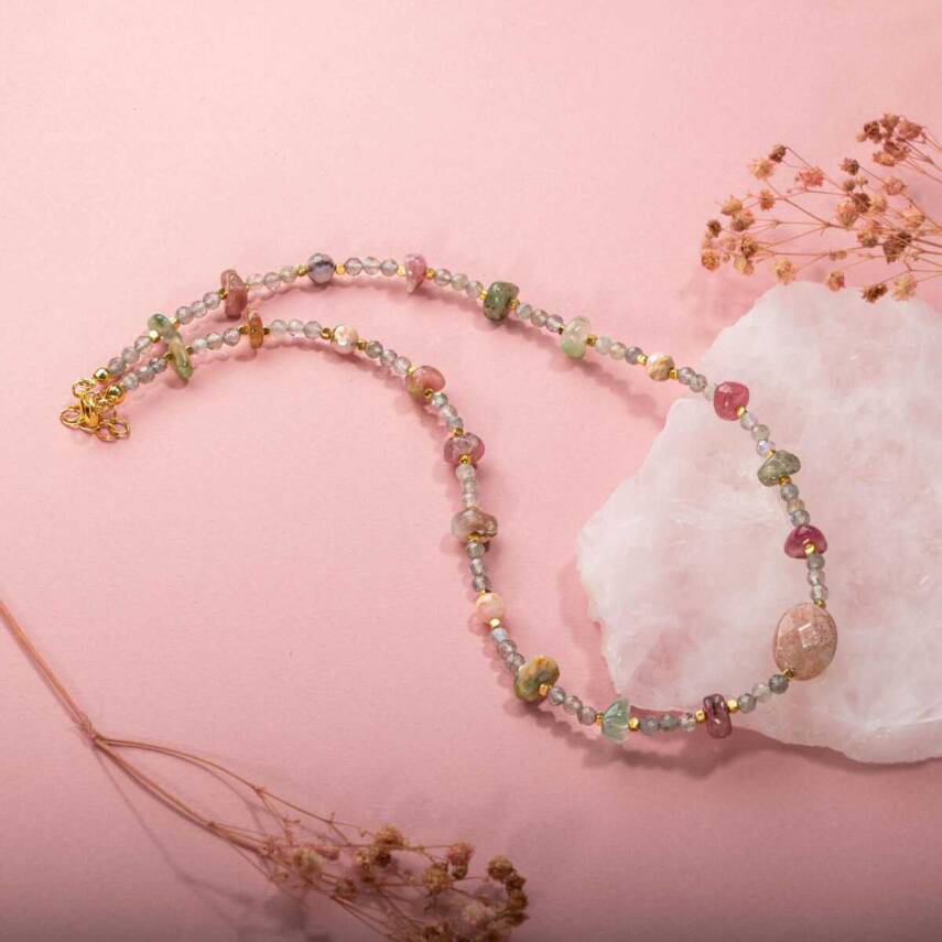 Labradorit-Renkli Turmalin-Güneş Taşı-Pembe Opal Doğal Taş Kolye - 5