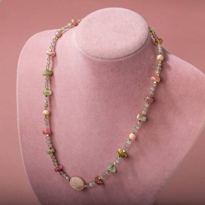 Labradorit-Renkli Turmalin-Güneş Taşı-Pembe Opal Doğal Taş Kolye - 2