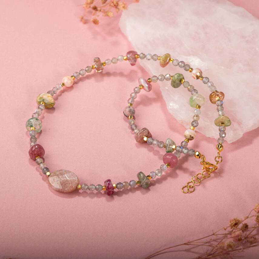 Labradorit-Renkli Turmalin-Güneş Taşı-Pembe Opal Doğal Taş Kolye - 3