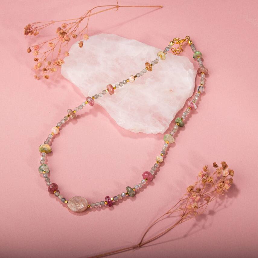 Labradorit-Renkli Turmalin-Güneş Taşı-Pembe Opal Doğal Taş Kolye - 4