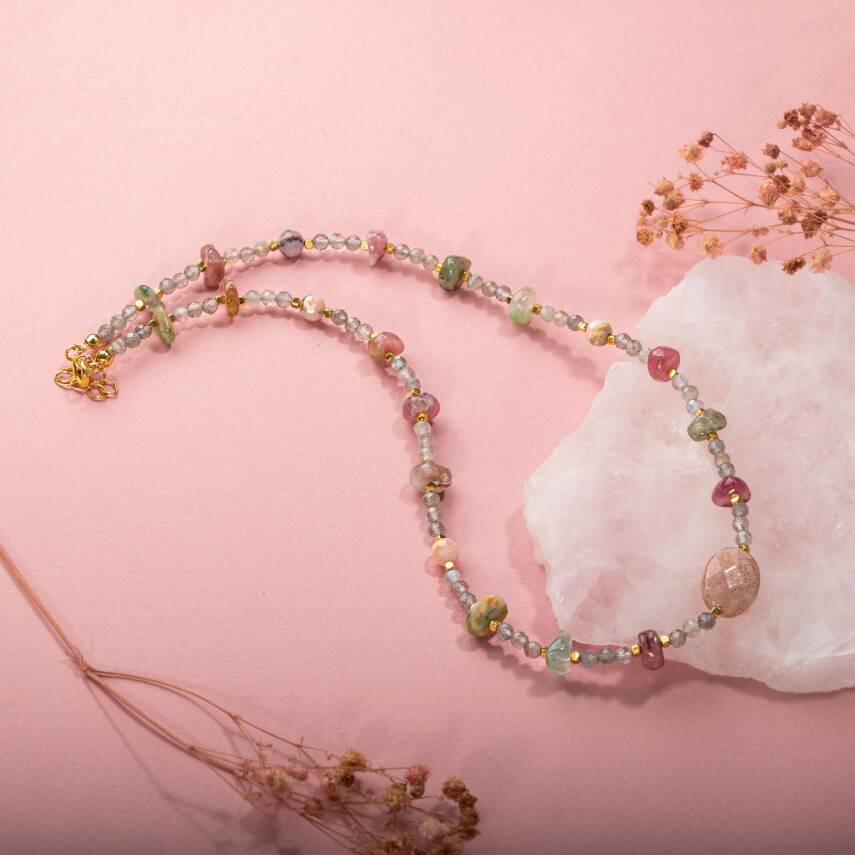 Labradorit-Renkli Turmalin-Güneş Taşı-Pembe Opal Doğal Taş Kolye - 5