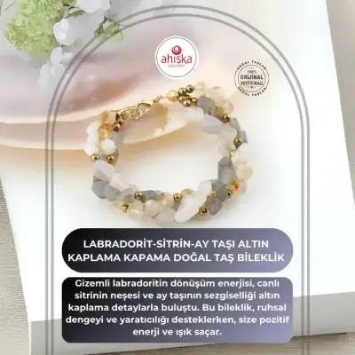 Labradorit-Sitrin-Ay Taşı Altın Kaplama Kapama Doğal Taş Bileklik - 1