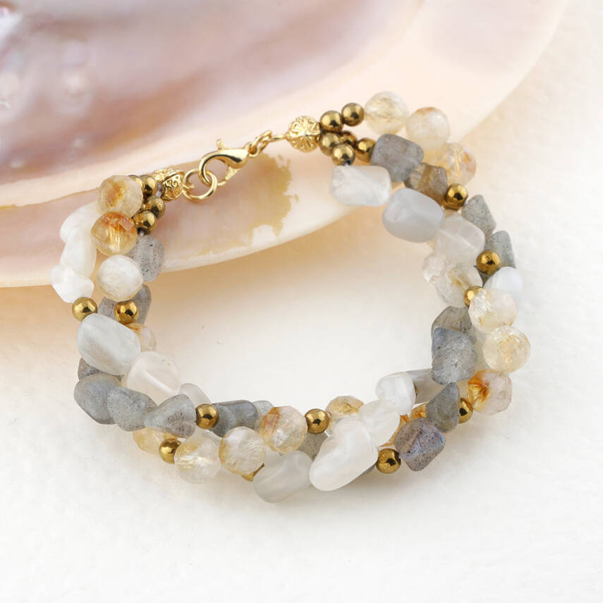 Labradorit-Sitrin-Ay Taşı Altın Kaplama Kapama Doğal Taş Bileklik - 3