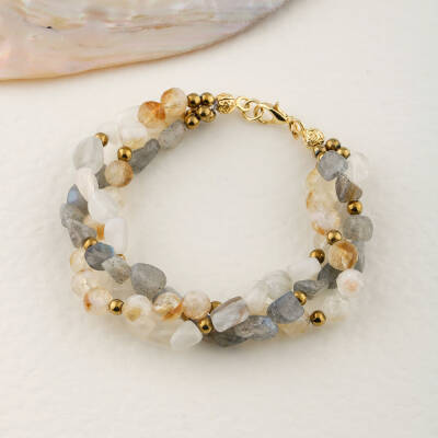 Labradorit-Sitrin-Ay Taşı Altın Kaplama Kapama Doğal Taş Bileklik - 4