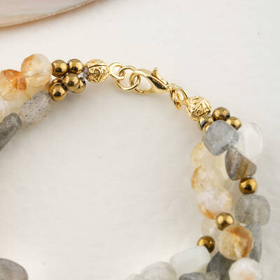 Labradorit-Sitrin-Ay Taşı Altın Kaplama Kapama Doğal Taş Bileklik - 5