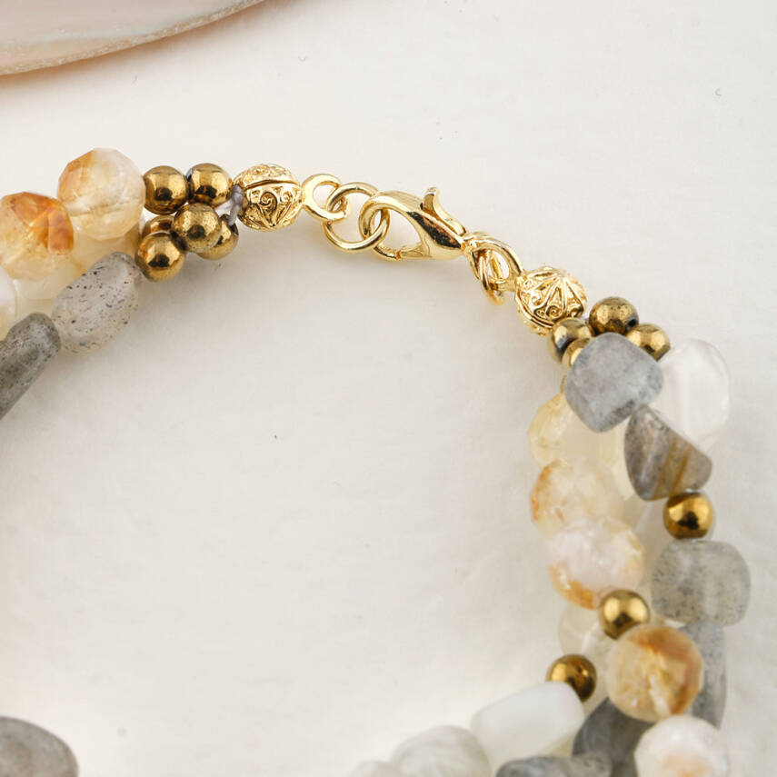 Labradorit-Sitrin-Ay Taşı Altın Kaplama Kapama Doğal Taş Bileklik - 5
