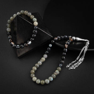 Labradorit-Siyah Göz Akik Doğal Taş Tesbih Bileklik Seti - Osmanlı Doğaltaş