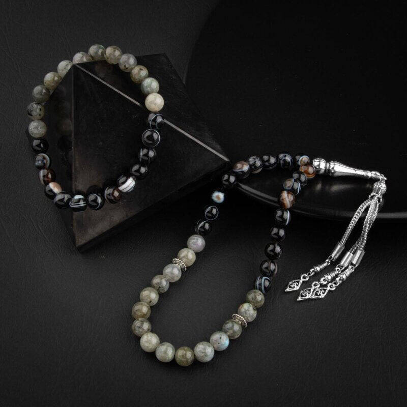 Labradorit-Siyah Göz Akik Doğal Taş Tesbih Bileklik Seti - 1