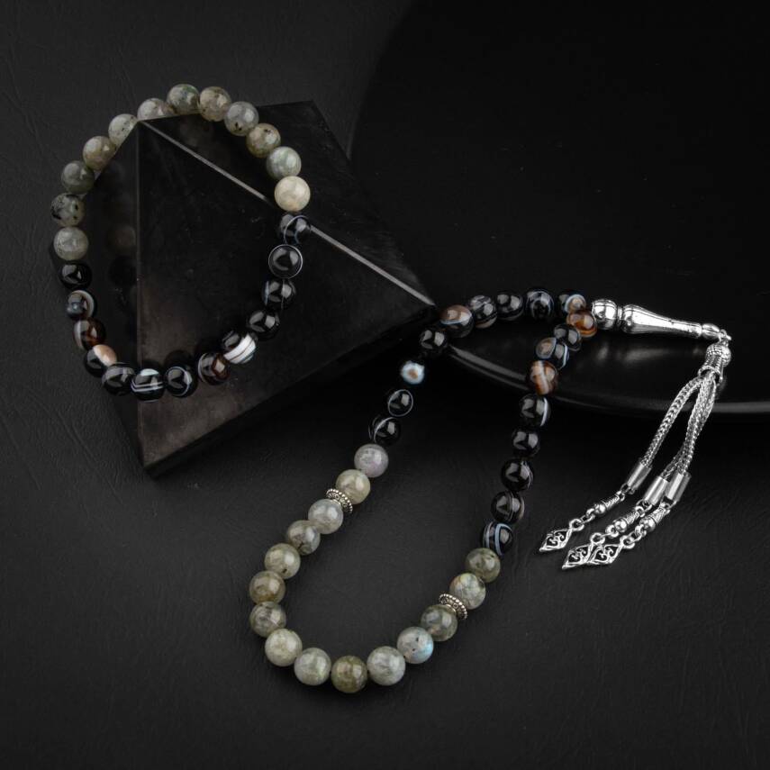 Labradorit-Siyah Göz Akik Doğal Taş Tesbih Bileklik Seti - 2