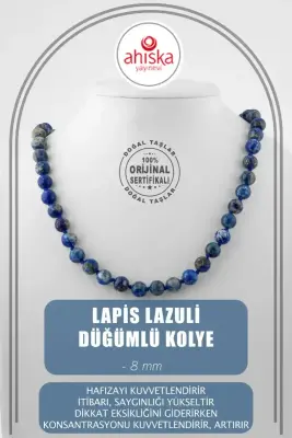 Lapis Lazuli 8 mm Düğümlü Doğal Taş Kolye - 1