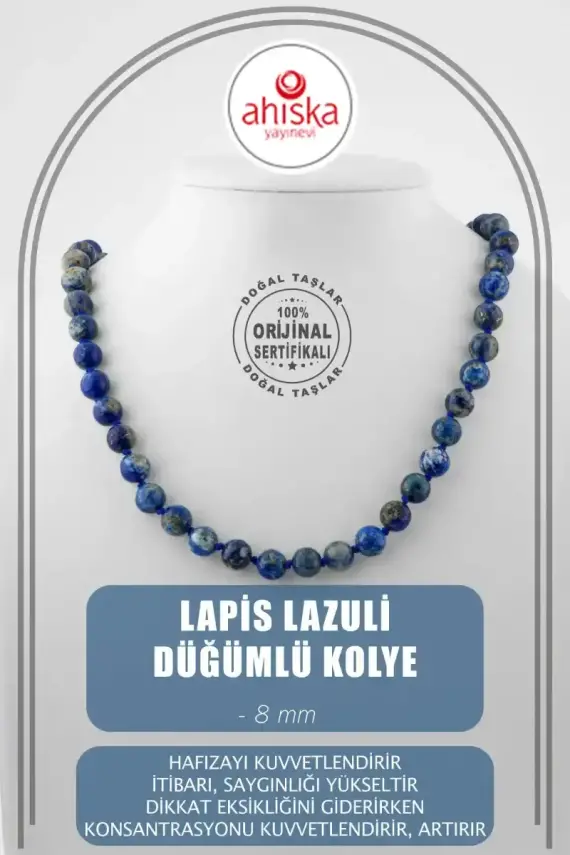 Lapis Lazuli 8 mm Düğümlü Doğal Taş Kolye - 1