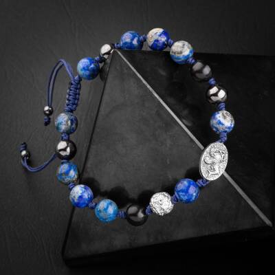 Lapis Lazuli Doğal Taş Tasarım Gümüş Bileklik- 20-21cm - 2