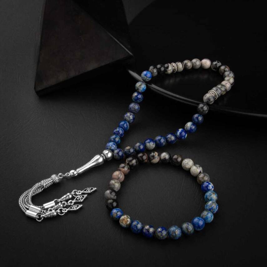 Lapis Lazuli-Jasper Doğal Taş Tesbih Bileklik Seti - 4