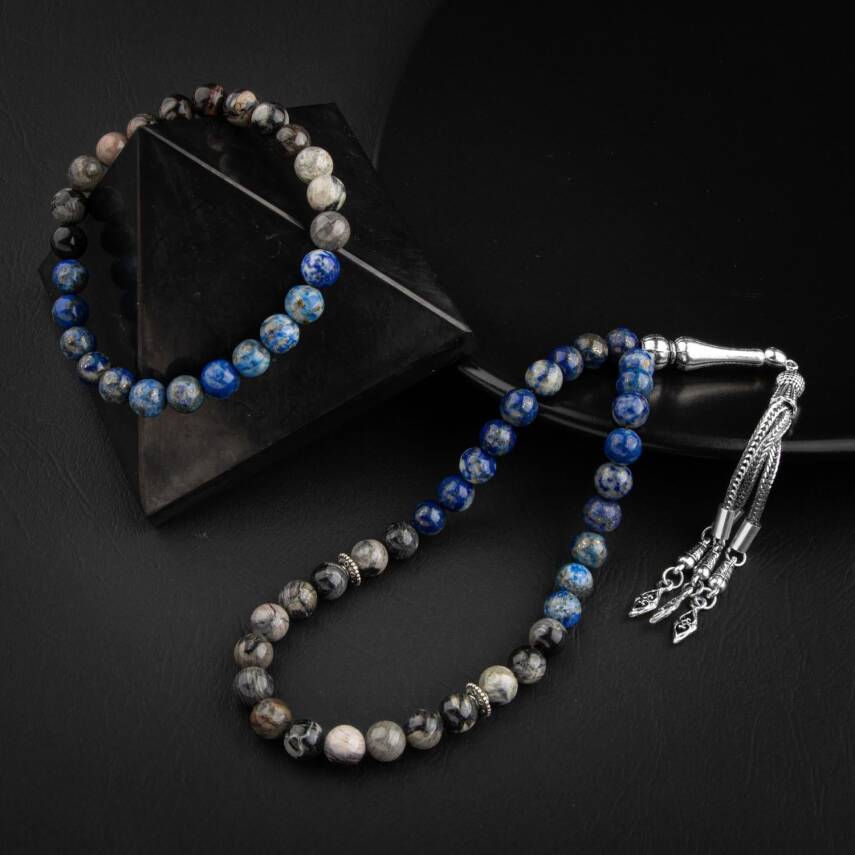 Lapis Lazuli-Jasper Doğal Taş Tesbih Bileklik Seti - 3