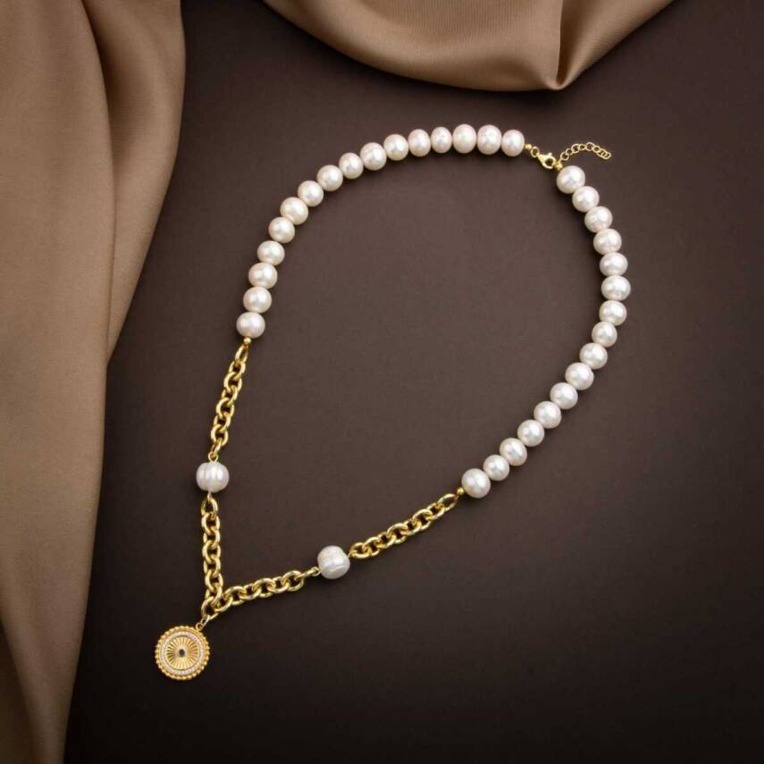 Lapis Lazuli Taşlı İnci Doğal Taş Gümüş Doc Zincir Tasarım Kolye - 1