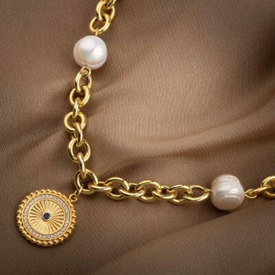 Lapis Lazuli Taşlı İnci Doğal Taş Gümüş Doc Zincir Tasarım Kolye - 2