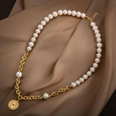 Lapis Lazuli Taşlı İnci Doğal Taş Gümüş Doc Zincir Tasarım Kolye - 5