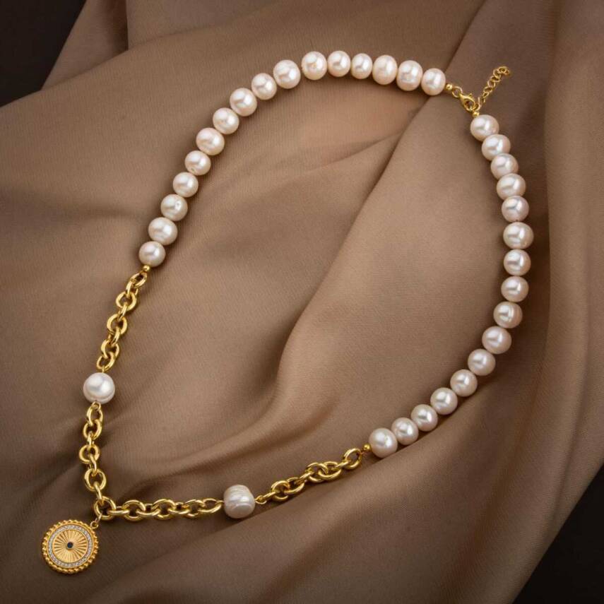 Lapis Lazuli Taşlı İnci Doğal Taş Gümüş Doc Zincir Tasarım Kolye - 5