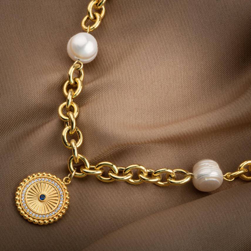 Lapis Lazuli Taşlı İnci Doğal Taş Gümüş Doc Zincir Tasarım Kolye - 1