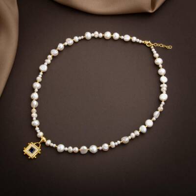 Lapis Lazuli Taşlı İnci Doğal Taş Gümüş Tasarım Kolye - 54cm - Osmanlı Doğaltaş