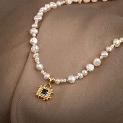 Lapis Lazuli Taşlı İnci Doğal Taş Gümüş Tasarım Kolye - 54cm - 2