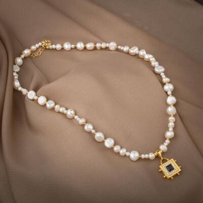 Lapis Lazuli Taşlı İnci Doğal Taş Gümüş Tasarım Kolye - 54cm - 3