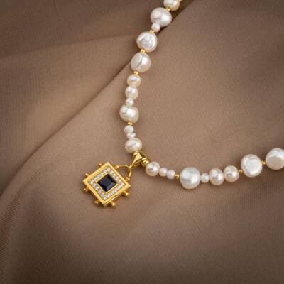 Lapis Lazuli Taşlı İnci Doğal Taş Gümüş Tasarım Kolye - 54cm - 4