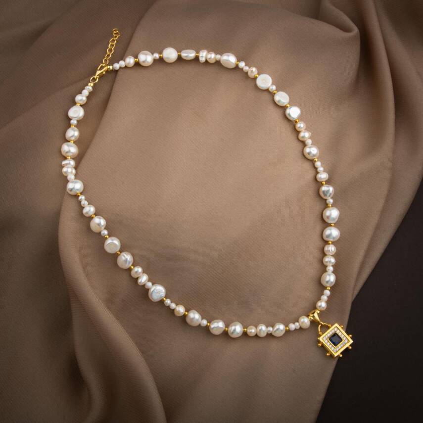 Lapis Lazuli Taşlı İnci Doğal Taş Gümüş Tasarım Kolye - 54cm - 5