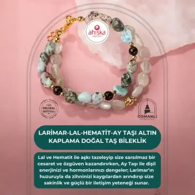 Larimar-Lal-Hematit-Ay Taşı Altın Kaplama Doğal Taş Bileklik - Doğal Taş (1)