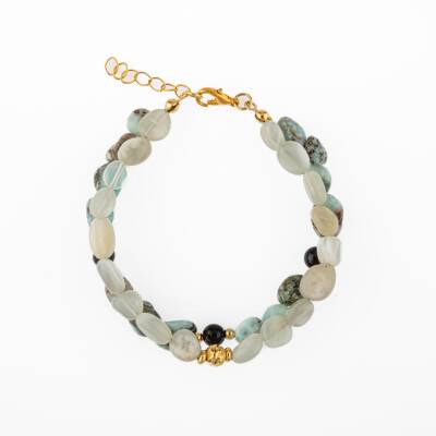 Larimar-Lal-Hematit-İnci-Ay Taşı Altın Kaplama Doğal Taş Bileklik - Osmanlı Doğaltaş