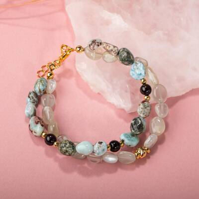 Larimar-Lal-Hematit-İnci-Ay Taşı Altın Kaplama Doğal Taş Bileklik - 2