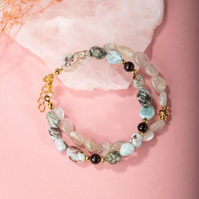 Larimar-Lal-Hematit-İnci-Ay Taşı Altın Kaplama Doğal Taş Bileklik - 3