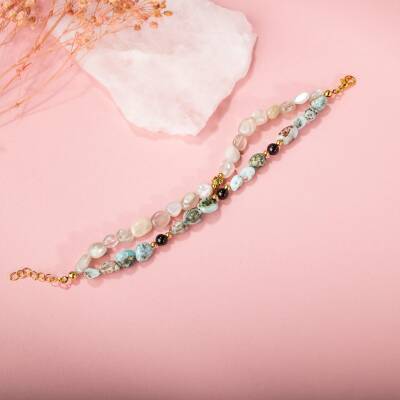 Larimar-Lal-Hematit-İnci-Ay Taşı Altın Kaplama Doğal Taş Bileklik - 4