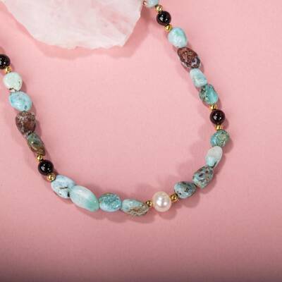 Larimar-Lal-Hematit-İnci-Ay Taşı Altın Kaplama Doğal Taş Kolye - 2