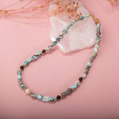 Larimar-Lal-Hematit-İnci-Ay Taşı Altın Kaplama Doğal Taş Kolye - 3