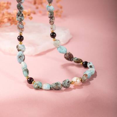 Larimar-Lal-Hematit-İnci-Ay Taşı Altın Kaplama Doğal Taş Kolye - 4