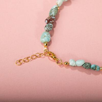 Larimar-Lal-Hematit-İnci-Ay Taşı Altın Kaplama Doğal Taş Kolye - 5