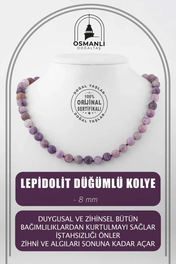 Lepidolit 8 mm Düğümlü Doğal Taş Kolye - 2