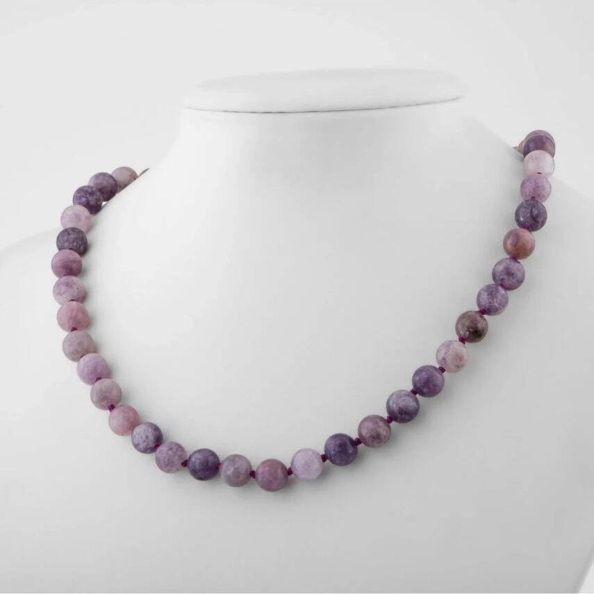 Lepidolit 8 mm Düğümlü Doğal Taş Kolye - 3