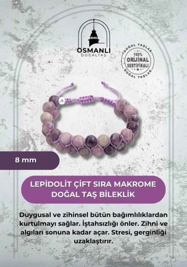 Lepidolit 8mm Çift Sıra Makrome Doğal Taş Bileklik - 2
