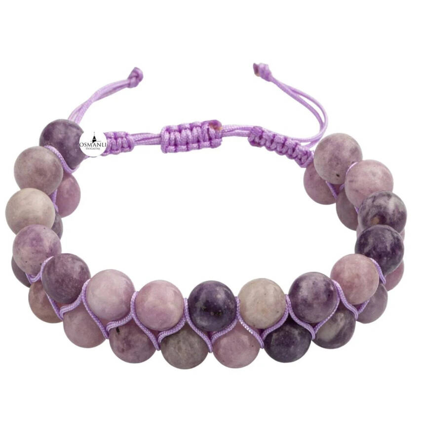 Lepidolit 8mm Çift Sıra Makrome Doğal Taş Bileklik - 5