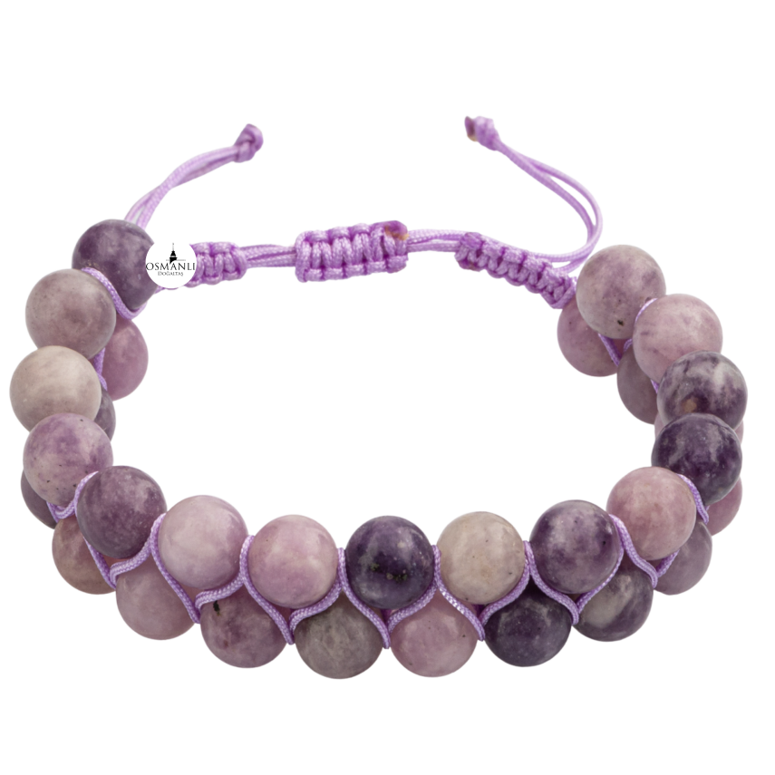 Lepidolit 8mm Çift Sıra Makrome Doğal Taş Bileklik - 4