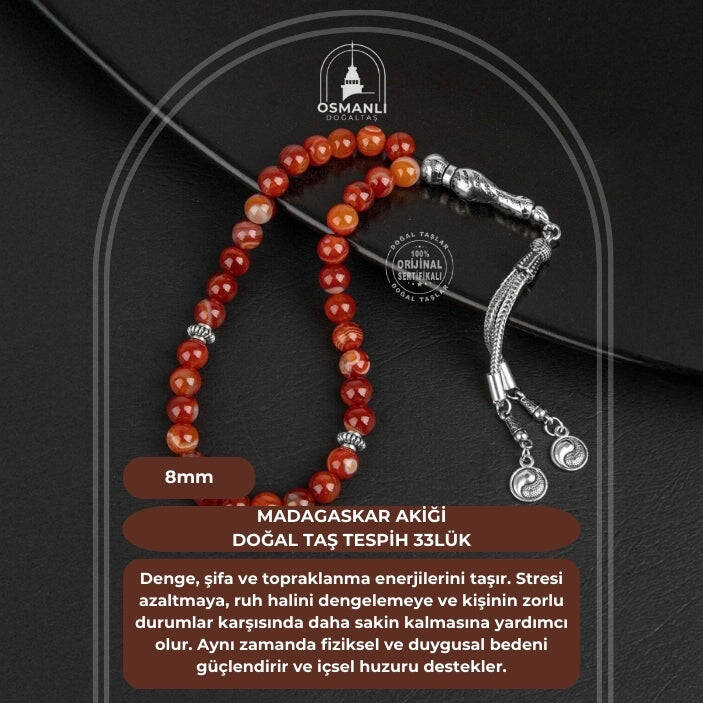 Madagaskar Akiği Doğal Taş Tesbih 33lük - 8mm - 2