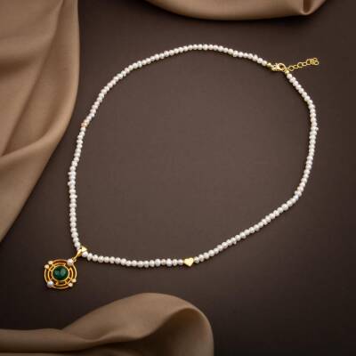 Malakit Taşlı İnci Doğal Taş Gümüş Tasarım Kolye - 54cm - Osmanlı Doğaltaş