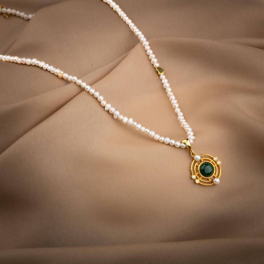 Malakit Taşlı İnci Doğal Taş Gümüş Tasarım Kolye - 54cm - 3