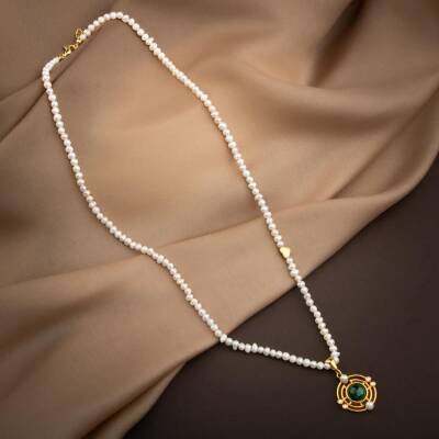 Malakit Taşlı İnci Doğal Taş Gümüş Tasarım Kolye - 54cm - 4