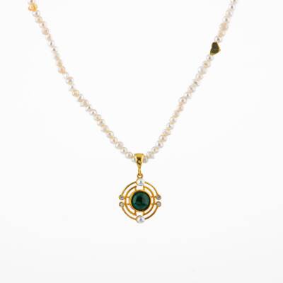 Malakit Taşlı İnci Doğal Taş Gümüş Tasarım Kolye - 54cm - 5